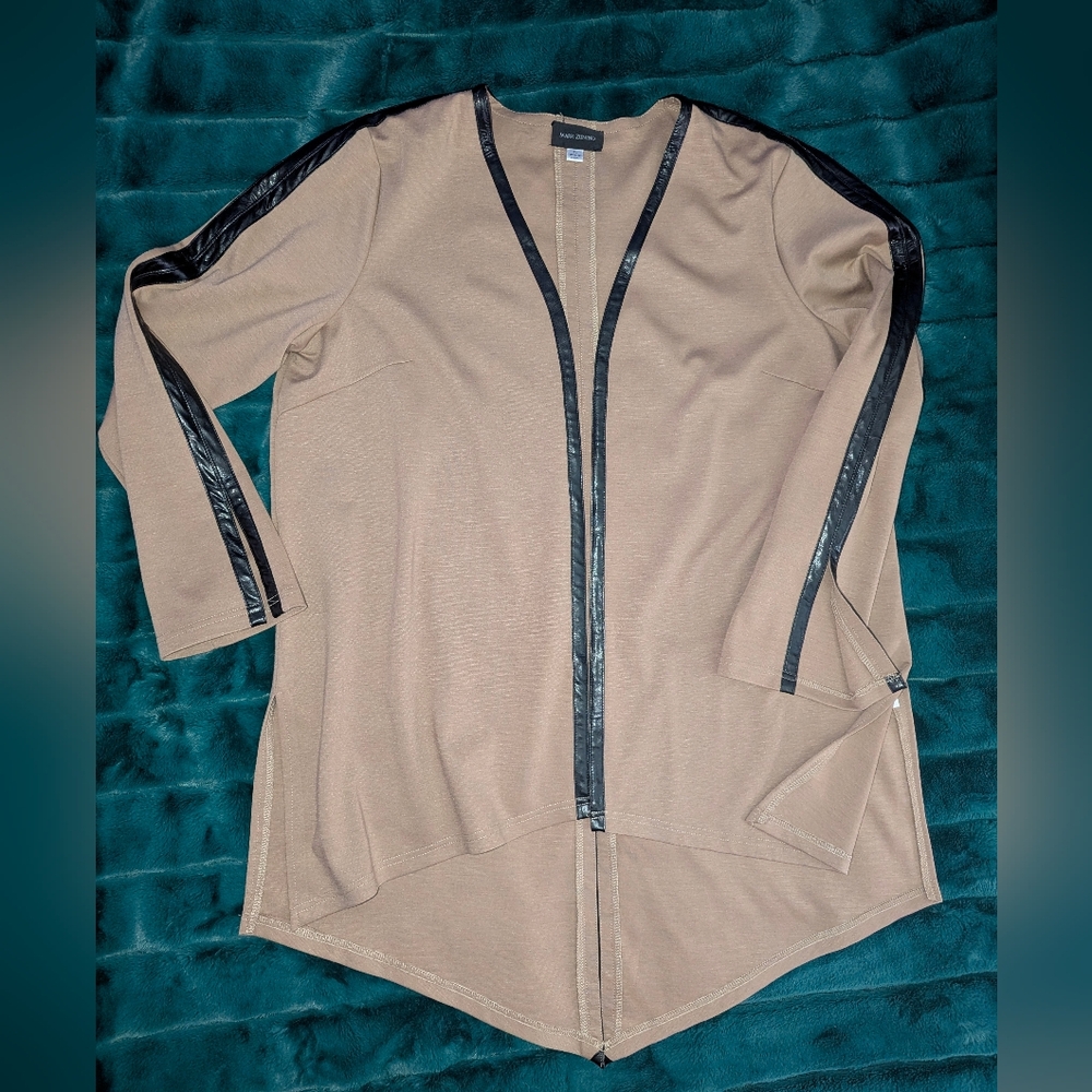 Mark Zunino Tan Open Front Cardigan Jacket | Faux Leather Trim | Size XL
